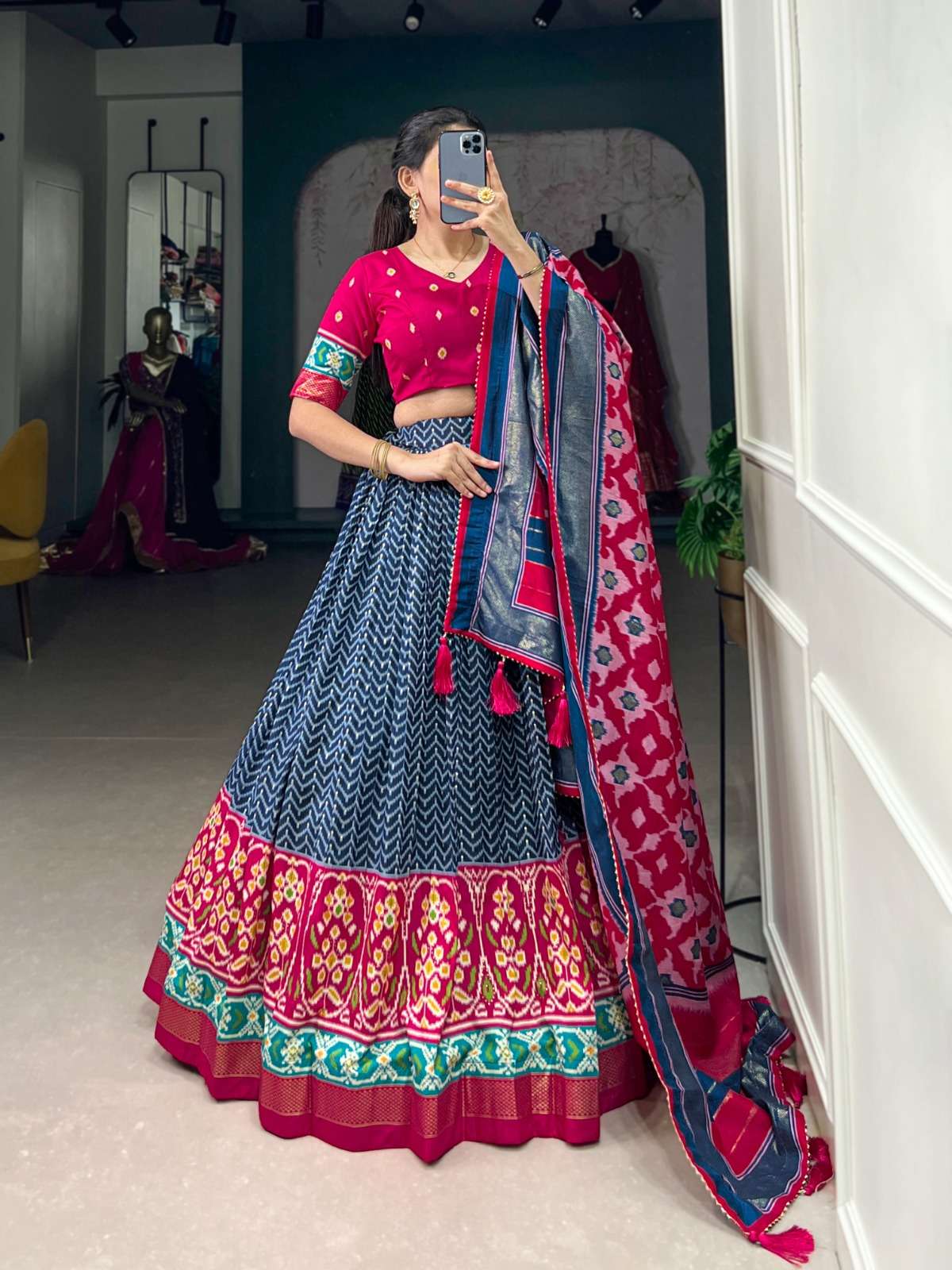 TUSSER SILK WITH DIGITAL PRINTED BLUE SHADES LEHENGA CHOLI