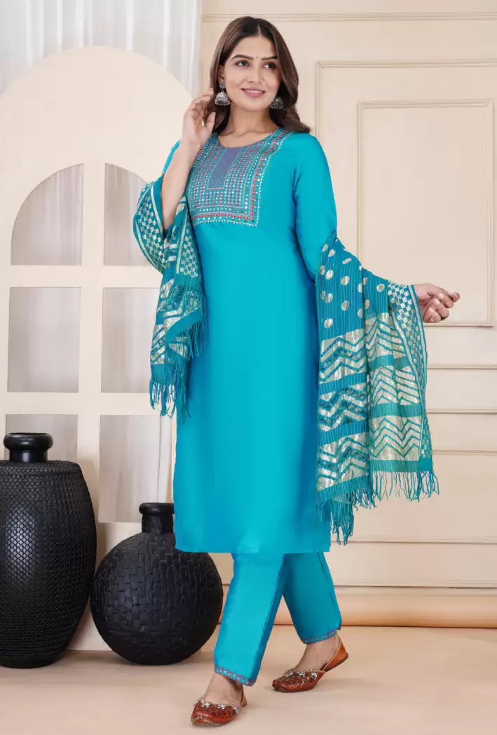 Women's Embroidered Kurta, Trouser & Dupatta Set – Silk (Festive & Party Wear)