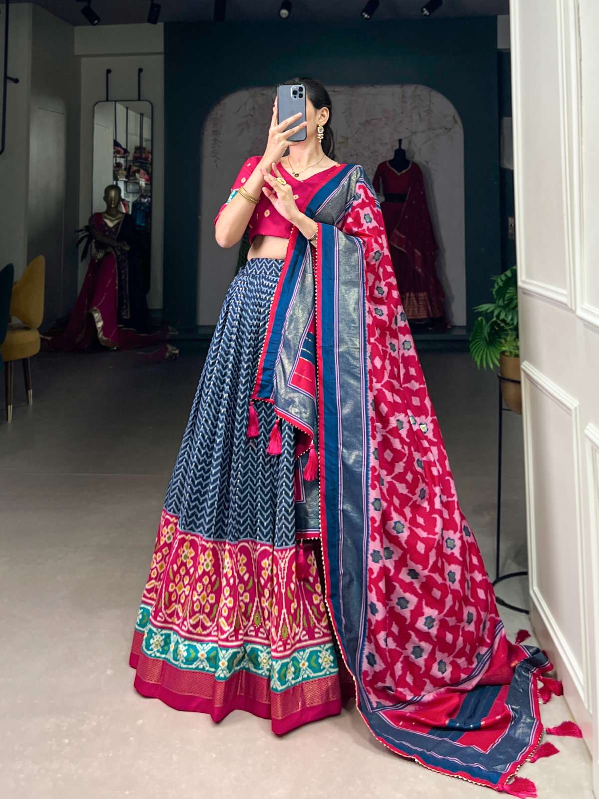 TUSSER SILK WITH DIGITAL PRINTED BLUE SHADES LEHENGA CHOLI