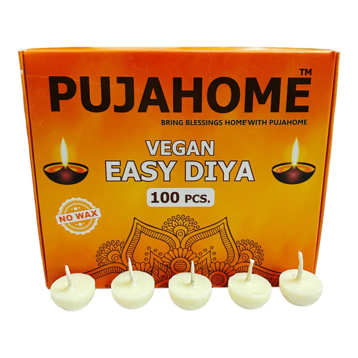 Pujahome Ghee Diya Wicks (100 Pieces - White) 30min Burning Time, Wax Free Vegan Easy Diya