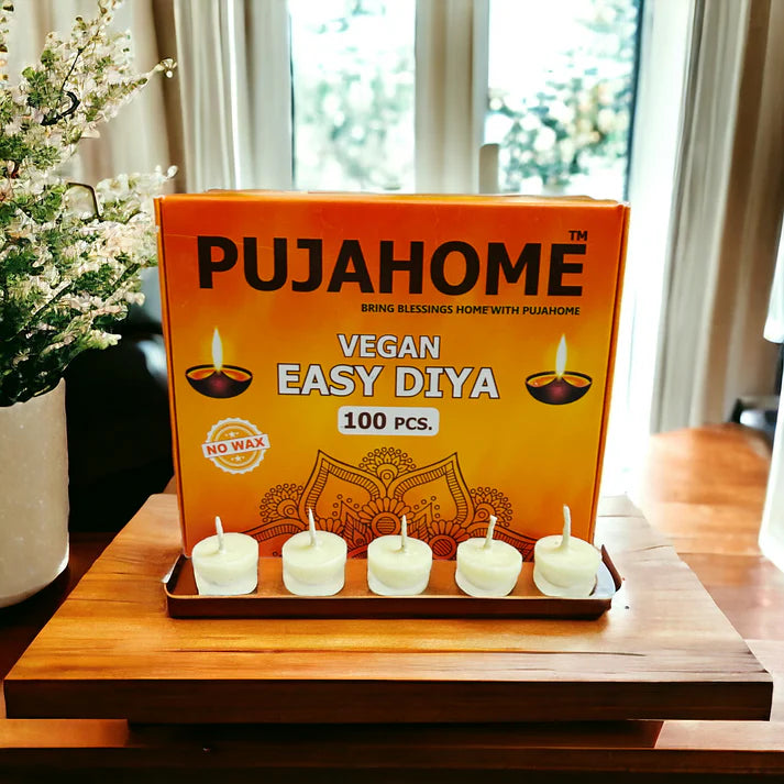 Pujahome Ghee Diya Wicks (100 Pieces - White) 30min Burning Time, Wax Free Vegan Easy Diya