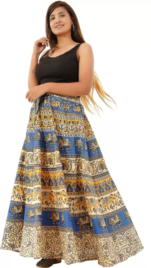 Women’s Flared Blue Printed Skirt – Classic Comfort & Style