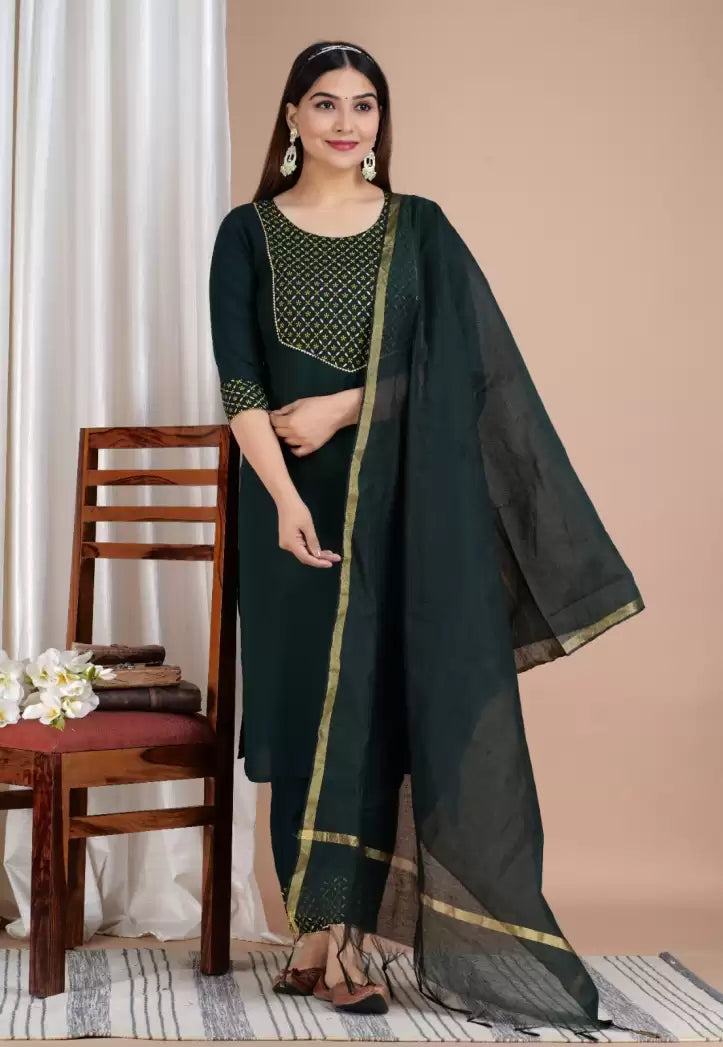 Women's Kurta, Pyjama & Dupatta Set – Cotton Rayon