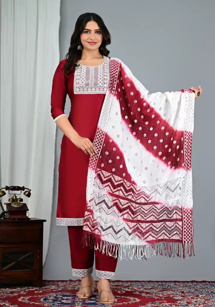 Women's Embroidered Kurta, Trouser & Dupatta Set – Silk (Festive & Party Wear)