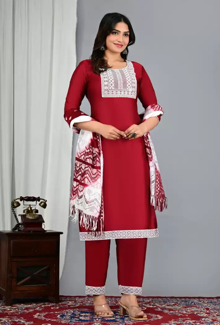 Women's Embroidered Kurta, Trouser & Dupatta Set – Silk (Festive & Party Wear)