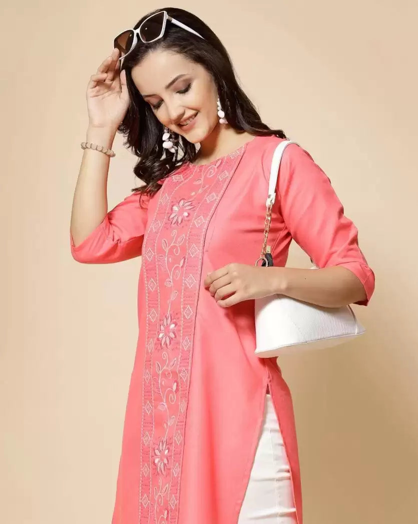 Women's Embroidered Straight Kurta – Pure Cotton (Below Knee)