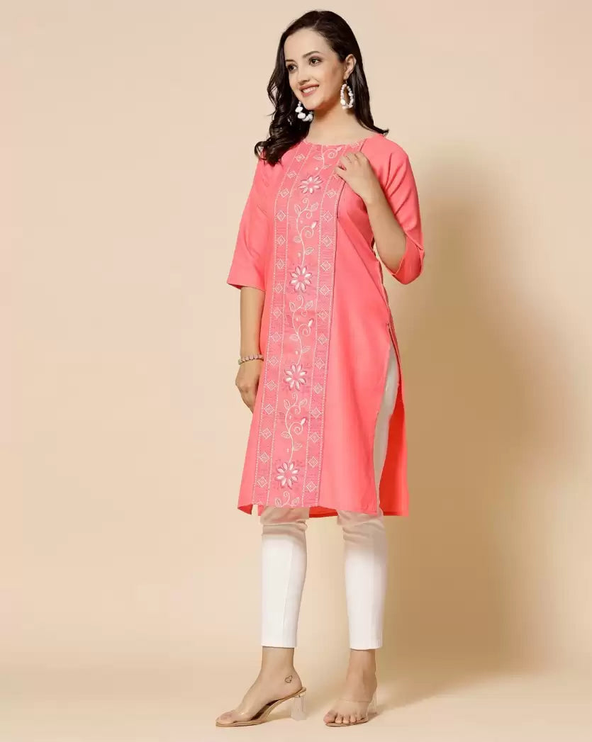 Women's Embroidered Straight Kurta – Pure Cotton (Below Knee)