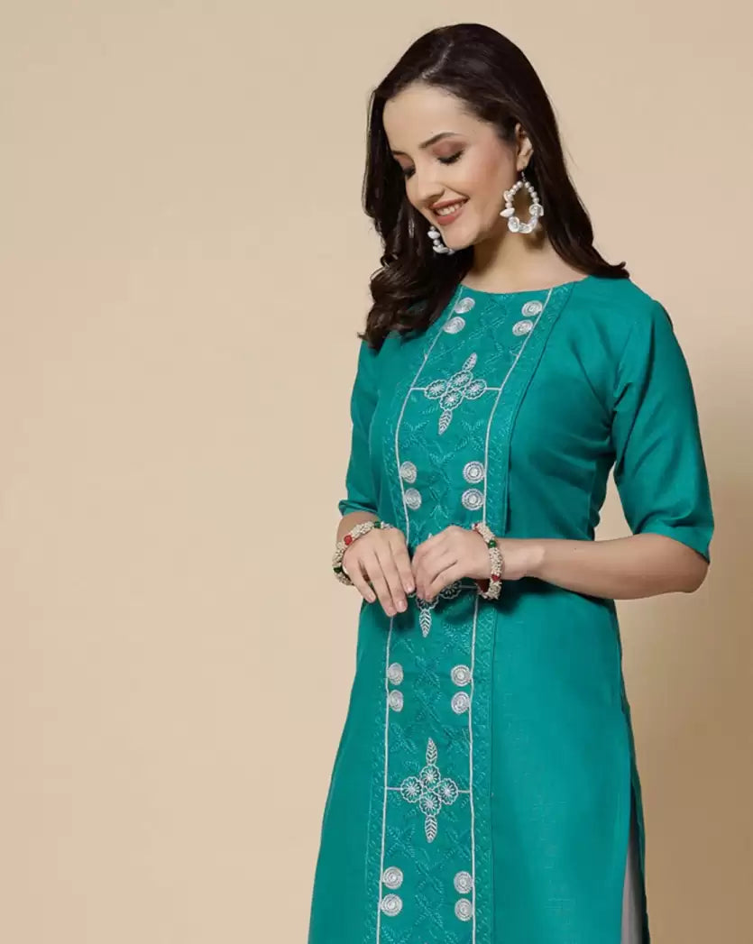 Women's Embroidered Straight Kurta – Pure Cotton (Below Knee)