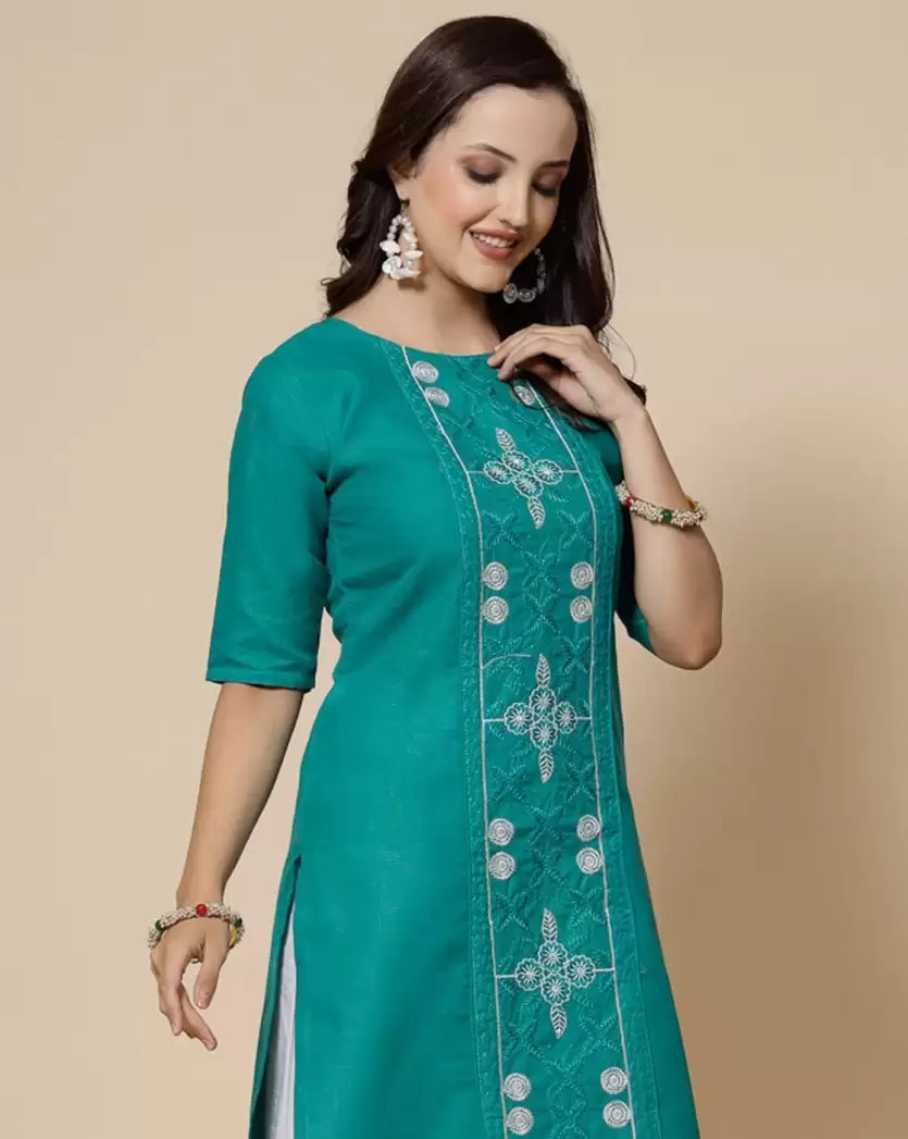 Women's Embroidered Straight Kurta – Pure Cotton (Below Knee)