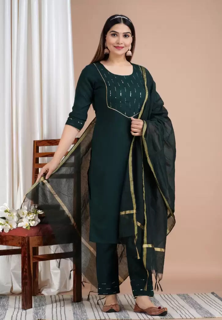 Women's Kurta, Pyjama & Dupatta Set – Cotton Rayon