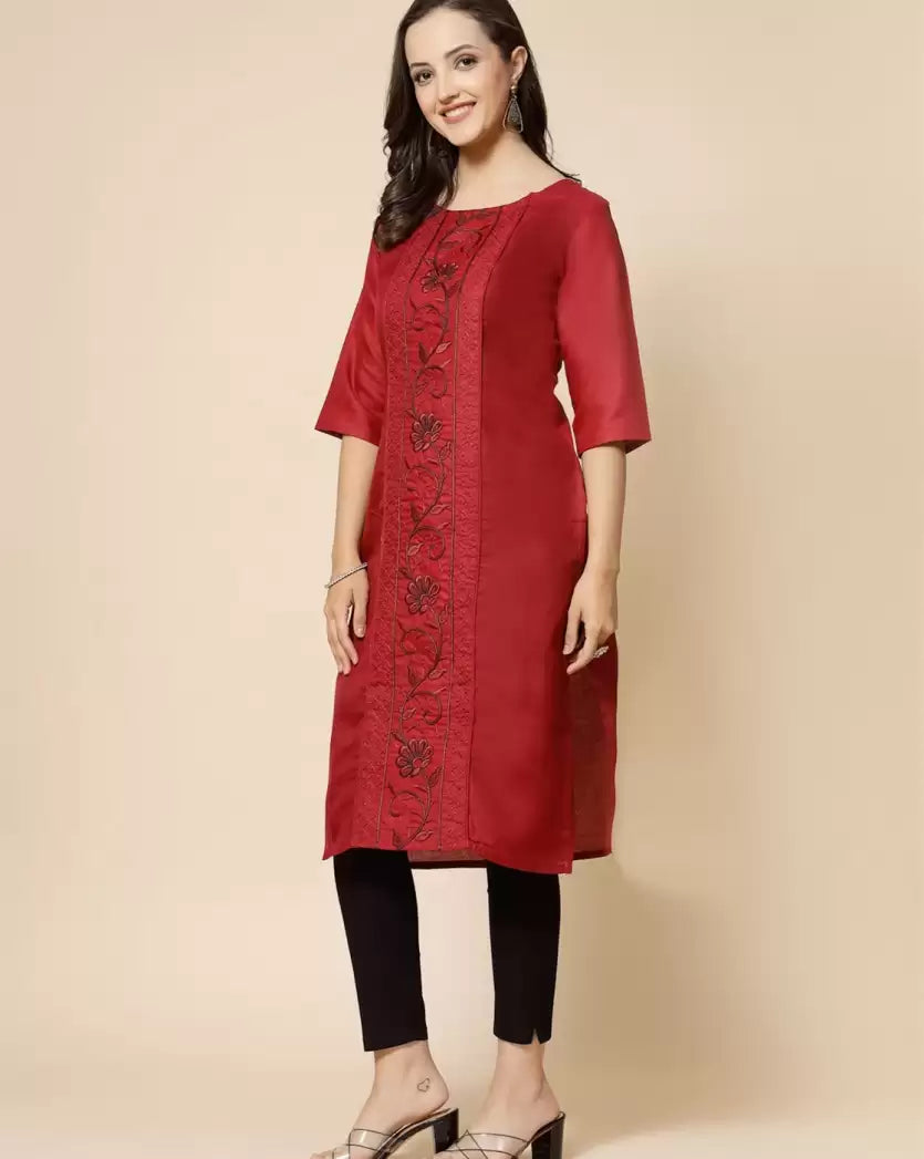 Women's Embroidered Straight Kurta – Pure Cotton (Below Knee)