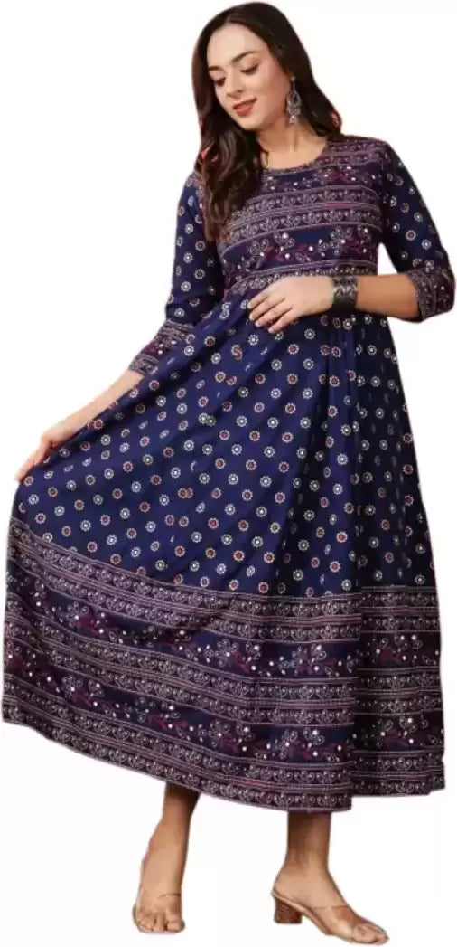 ANGINI Women’s Block Print Anarkali Kurta – Viscose Rayon