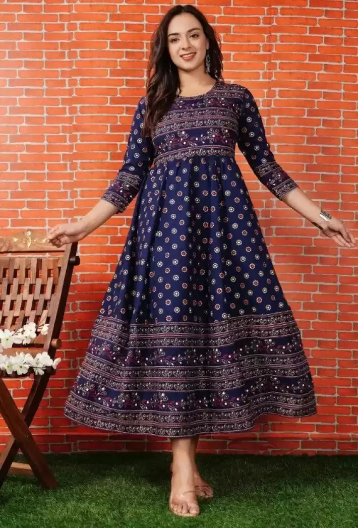 ANGINI Women’s Block Print Anarkali Kurta – Viscose Rayon