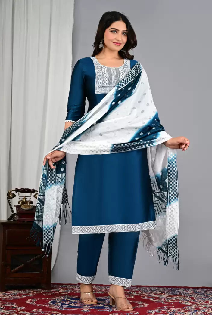 Women's Embroidered Kurta, Trouser & Dupatta Set – Silk (Festive & Party Wear)