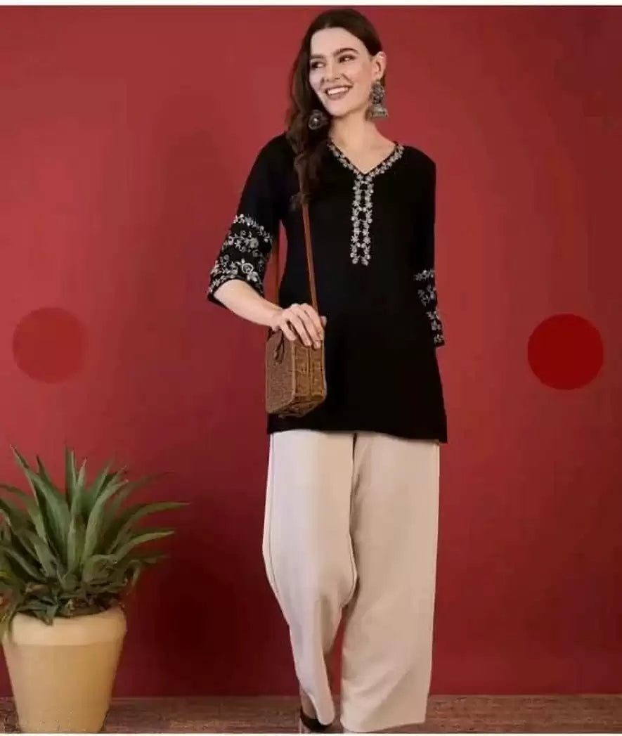 Women's Embroidered A-Line Short Kurta – Rayon