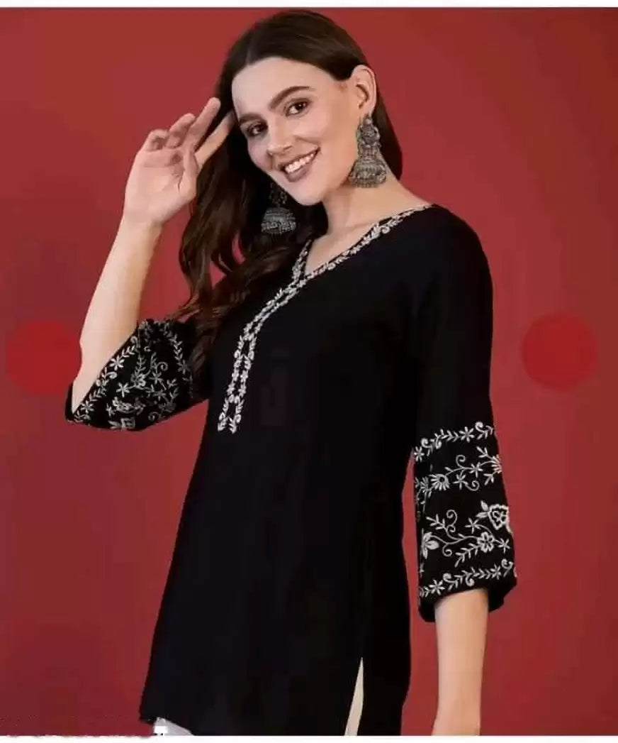 Women's Embroidered A-Line Short Kurta – Rayon