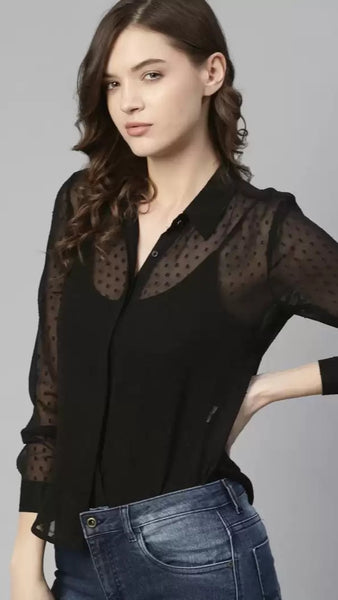 Elegant & Chic Women’s Self-Design Casual Black Shirt
