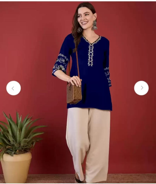 Women's Embroidered A-Line Short Kurta – Rayon