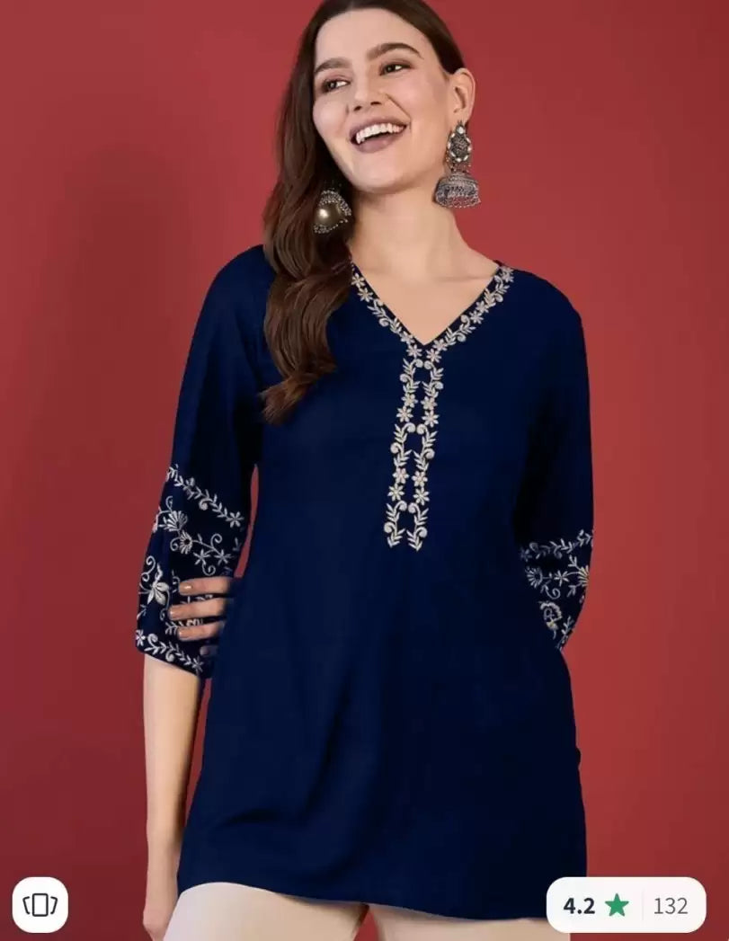 Women's Embroidered A-Line Short Kurta – Rayon