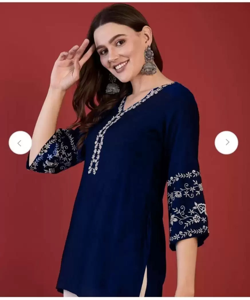 Women's Embroidered A-Line Short Kurta – Rayon